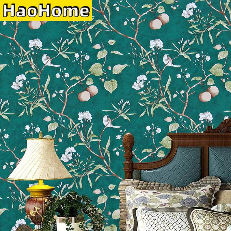 HaoHome Pfirsichbaum-Tapete zum Abziehen und Aufkleben, grüne Tapete, moderne Blumen- und Vogel-wasserdichte, entfernbare, selbstklebende Tapete