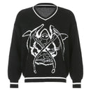 Rapcopter Y2K Pullover Skulls Pullover V-Ausschnitt Strickwaren Lose Lässige Strickoberteile Damen Streetwear Retro Tops Blau 2020 Herbst