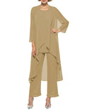 Kleider für die Brautmutter Plus Size Kleid Blazer Champagner 2021 Chiffon Hosenanzug 3 Stück Hochzeitsfeier Gast Kleid Kleid