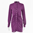 FANTOYE Plissee Umlegekragen Knopf Bluse Kleid Frauen Sexy Langarm Minikleider Solide Streetwear Weibliches Hemd Vestidos