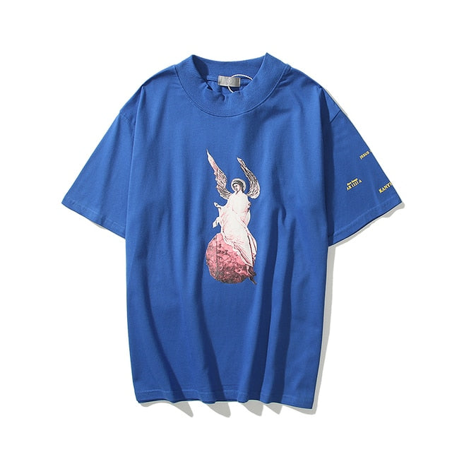 Kanye West Skull Print suelta Casual hombres y mujeres camisetas Harajuku Oversize cuello redondo manga corta Hip Hop camiseta Streetwear camisetas