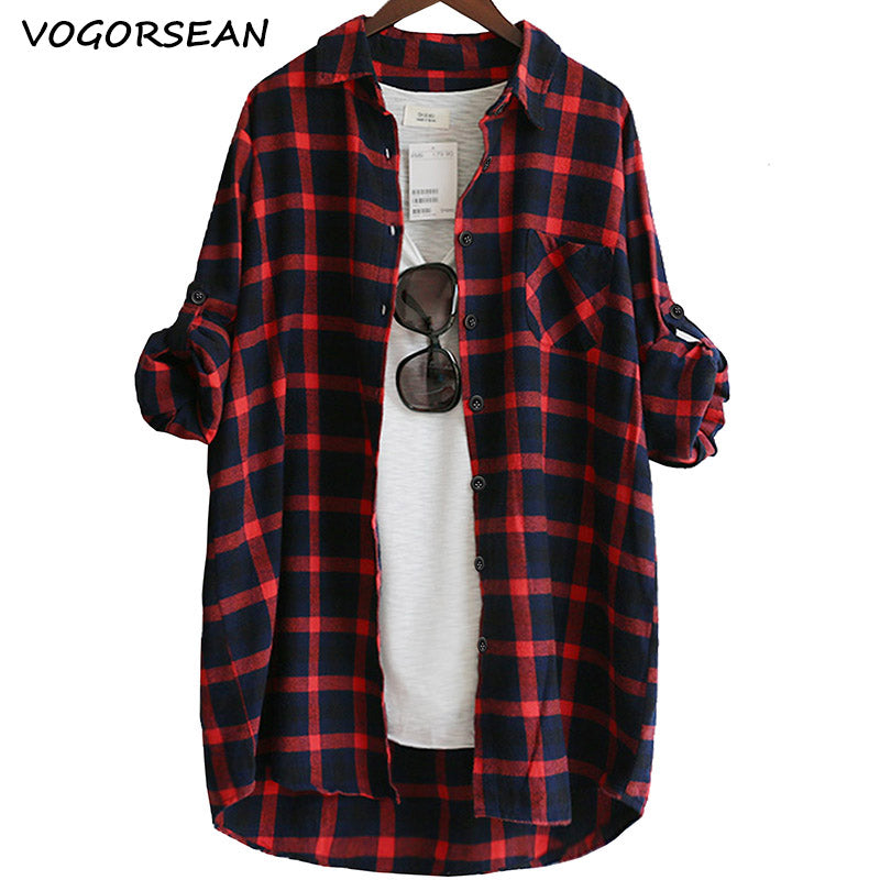 Women Blouse Shirt Loose Casual Plaid Shirts Long Sleeve Large Size Tops Womens Blouses Red Green 2021