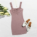 SHEIN Frill Trim Ruched Bust Tie Front Waffle Knit Pencil Cami Dress Women Spring Square Neck Bodycon Cute Slim Fit Mini Dresses