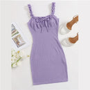 SHEIN Frill Trim Ruched Bust Tie Front Waffle Knit Pencil Cami Dress Women Spring Square Neck Bodycon Cute Slim Fit Mini Dresses