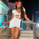 Damen Sommer Rüschen ausgeschnittenes Design Leopardenmuster Kleid Elegante Mode V-Ausschnitt Rüschen Party Minikleid Damen Urlaub Strand