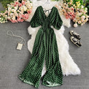 Autumn Sexy Polka Dot Romper Women Elegant V-Neck Puff Short Sleeve High Waist Jumpsuit Female Loose Wide Leg Playsuits Fashion
