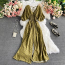 Autumn Sexy Polka Dot Romper Women Elegant V-Neck Puff Short Sleeve High Waist Jumpsuit Female Loose Wide Leg Playsuits Fashion