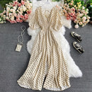 Autumn Sexy Polka Dot Romper Women Elegant V-Neck Puff Short Sleeve High Waist Jumpsuit Female Loose Wide Leg Playsuits Fashion