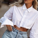 Bclout Casual Crop Top Frauen Blusen Mode Umlegekragen Weißes Hemd Aufflackernärmel Bluse Weibliche Herbst Sexy Damen Tops