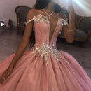 Pink XV Quinceanera Kleider 2020 tiefer V-Ausschnitt Sweet 15 16 Kleider Rückenfreier Puffrock Geburtstagsfeier Sweep Zug Schön