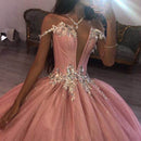 Pink XV Quinceanera Kleider 2020 tiefer V-Ausschnitt Sweet 15 16 Kleider Rückenfreier Puffrock Geburtstagsfeier Sweep Zug Schön