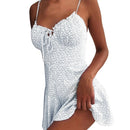 MoneRffi 2021 Sommer V-Ausschnitt Blumendruck Kleid Frauen Schulterfrei Rüschen Partykleid Sexy Lace-Up Backless Minikleider Vestidos