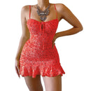 MoneRffi 2021 Sommer V-Ausschnitt Blumendruck Kleid Frauen Schulterfrei Rüschen Partykleid Sexy Lace-Up Backless Minikleider Vestidos