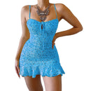 MoneRffi 2021 Sommer V-Ausschnitt Blumendruck Kleid Frauen Schulterfrei Rüschen Partykleid Sexy Lace-Up Backless Minikleider Vestidos