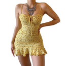 MoneRffi 2021 Sommer V-Ausschnitt Blumendruck Kleid Frauen Schulterfrei Rüschen Partykleid Sexy Lace-Up Backless Minikleider Vestidos