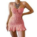 MoneRffi 2021 Sommer V-Ausschnitt Blumendruck Kleid Frauen Schulterfrei Rüschen Partykleid Sexy Lace-Up Backless Minikleider Vestidos