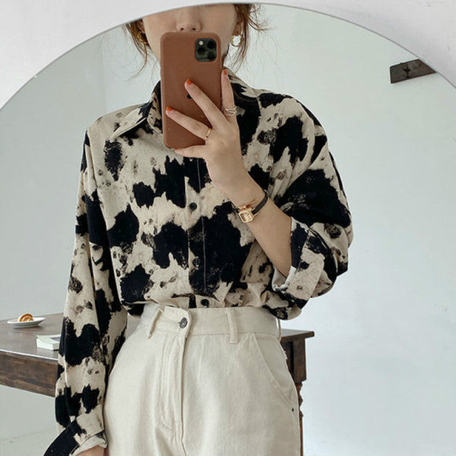 Frauen Blusen Hemden Umlegekragen Mode Chiffon bedruckt lässig Retro koreanischen Stil Streetwear lose einfache hohe Qualität