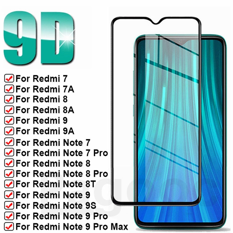 Cristal protector de pantalla completa 9D para Xiaomi Redmi 7 7A 8 8A 9 9A 9C Note 7 8 9 Pro 8T 9S funda de película de seguridad de vidrio templado
