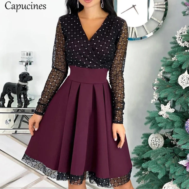 Capucines Fashion Shiny Sequin Diamond Mesh Stitching Dress Women Spring Autumn Sheer Long Sleeve Belted Slim A Line Dresses