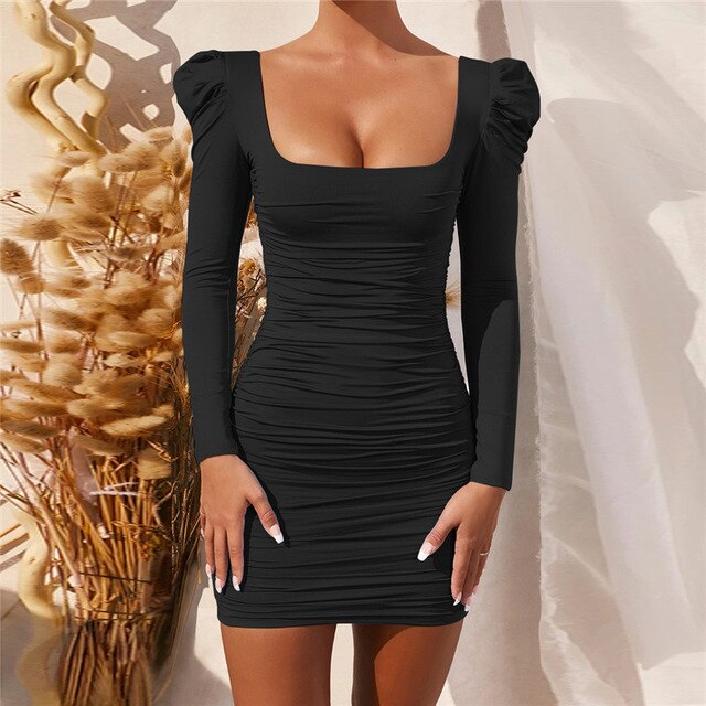 Nadafair Square Neck Puff Sleeve Sexy Dress For Women 2020 Solid Basic Slim Wrap Ruched Mini Club Party Bodycon Damenkleid