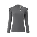 Plus Size Autumn Winter Women Blouse Long Sleeve Knitwear Rib Ruffle Buttons Blouse Basic Shirt