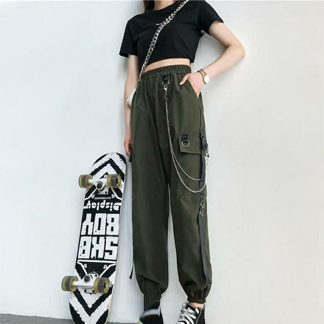 Frauen Cargohose 2021 Haremshose Mode Punk Taschen Joggerhose mit Kette Harajuku Elastics Hohe Taille Streetwear