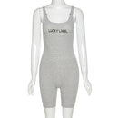 hirigin Backless One Piece Women Rompers Ribbed Bodycon Sleeveless Workout Playsuits Fashion Letter Embroidery Sporty Outfit