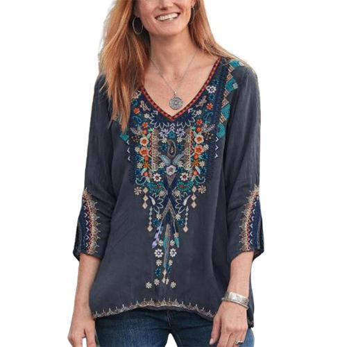 Blouses Women Boho Casual V Neck Long Sleeve Floral Embroidery Blouse Top Loose Shirt блузка женская ropa de mujer 2020