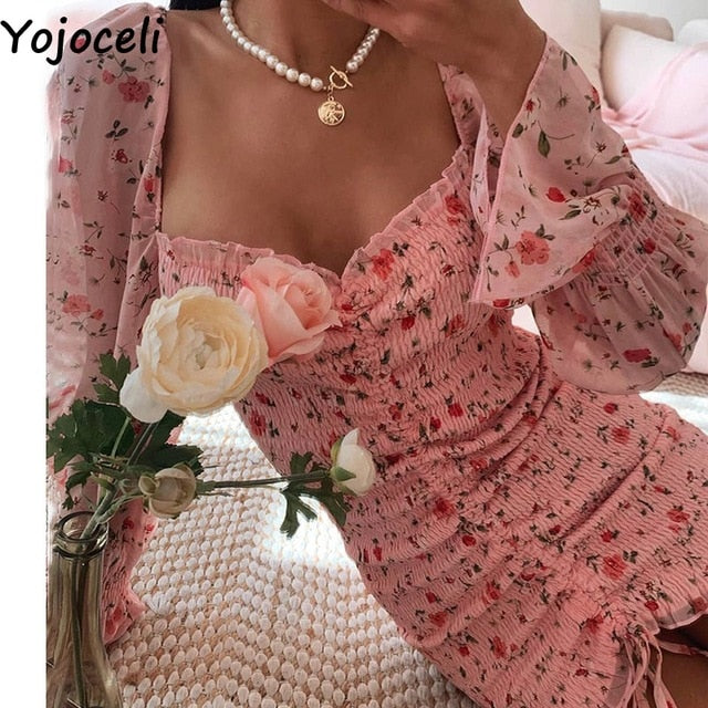 Yojoceli sexy estampado floral fruncido vestido mujer cuello cuadrado manga larga delgado mini vestido vestido de gasa