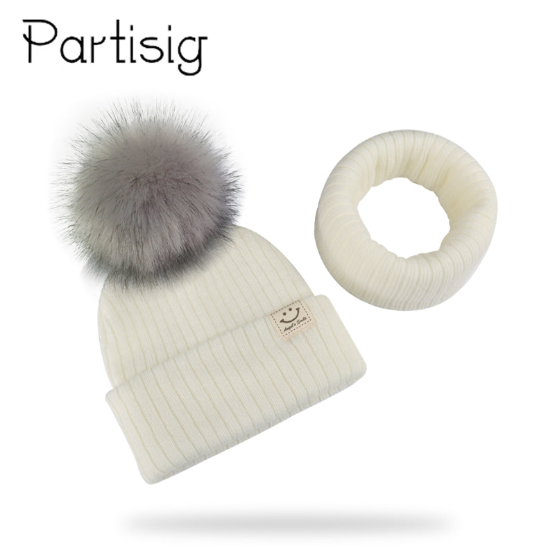 Winter Unisex Faux Fur Pompon Hat Scarf For Kids Boys Girls Knitted Baby Caps With Pompom Bonnet Children&