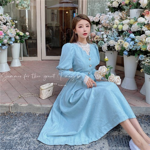 Vestido liso elegante para mujer, vestido Midi de fiesta de encaje de retazos de invierno para mujer, vestido informal estilo francés dulce Kawaii coreano para mujer 2022