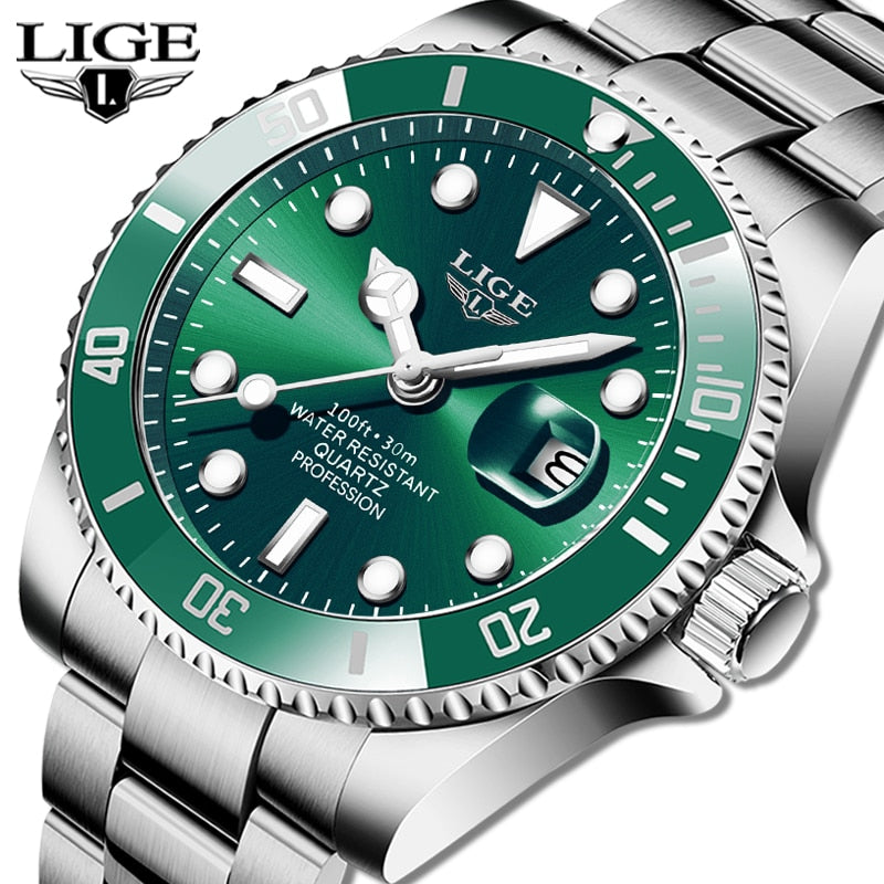 LIGE Top Brand Luxury Fashion Diver Watch Men 30ATM Reloj de fecha a prueba de agua Relojes deportivos Mens Reloj de pulsera de cuarzo Relogio masculino
