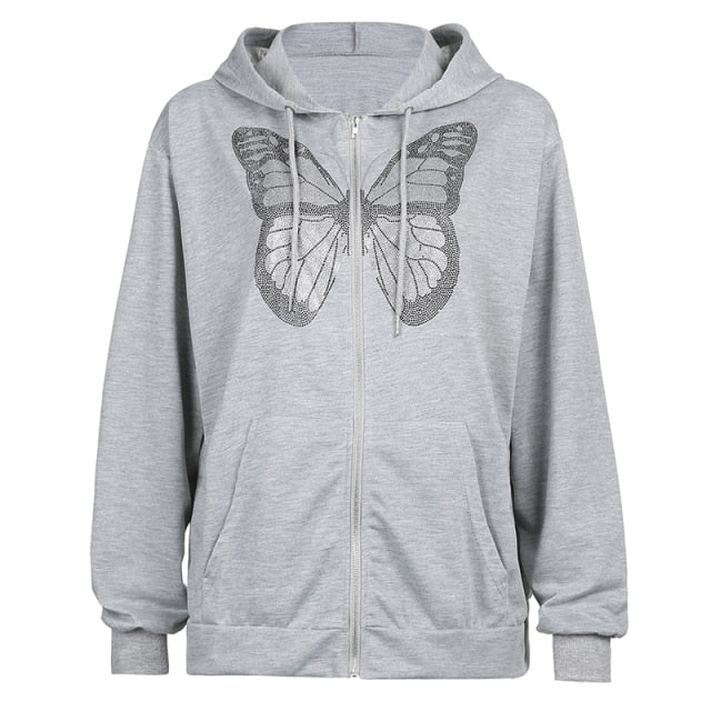 IAMSURE patrón de mariposa cremallera Up Casual suelta 90s sudaderas con capucha otoño y2k moda manga larga gris sudaderas de gran tamaño para mujeres