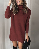 Mode Rollkragen Langarm Pullover Kleid Frauen 2020 Herbst Winter Lose Tunika Strick Casual Rosa Grau Kleidung Feste Kleider