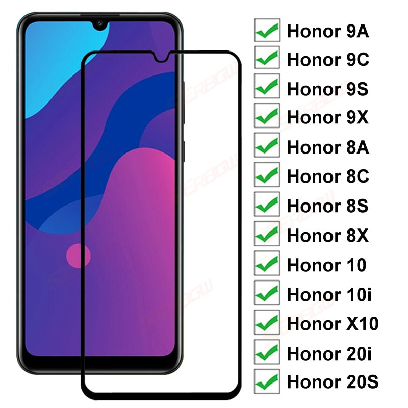 9D Full Tempered Glass For Huawei honor 9A 9C 9S 9X 8A 8C 8S 8X Screen Protector Honor 9i 10i 20i 20S Protective Glass Film Case