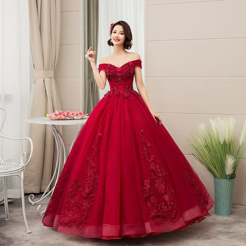 2021 Neu Schulterfrei Luxus Spitze Party Vestidos 15 Anos Vintage Quinceanera Kleider 4 Farben Quinceanera Kleid F