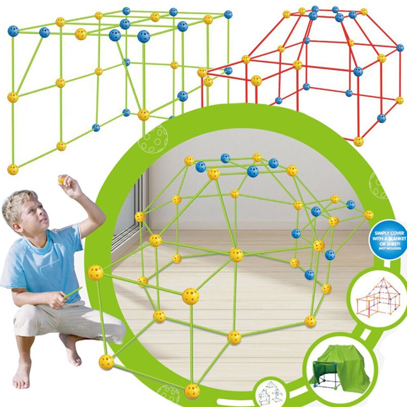 Kit de construcción de cabina infantil para niños, niños y niñas, kit de construcción de fuerte con esferas de enlace de varilla y carpa I88