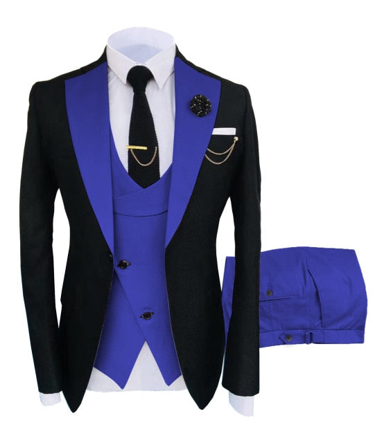 Solovedress Moda formal de negocios 3 piezas Traje para hombre Chaqueta de esmoquin sólido Azul Marrón Oro para el novio de la boda (Blazer + Chaleco + Pantalones)