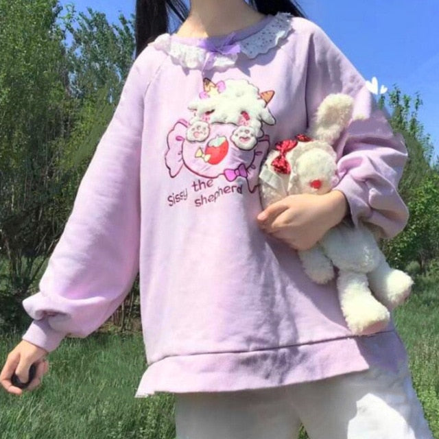 2020 Herbst Neue Frauen Lace Neck Nette Hoodies Harajuku Kawaii Sweatshirt Frauen Rosa Pullover Lamm Und Süßigkeiten Stickerei Sudadera