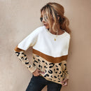 Mode Leopard Patchwork Herbst Winter 2021 Damen Strickpullover Frauen Oansatz Volle Hülse Pullover Pullover Top Khaki Braun