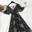 2021 verano mujer volantes de manga corta vestido de gasa cuello en V cintura alta estampado Floral playa Midi Vestidos sin espalda Sexy Vestidos