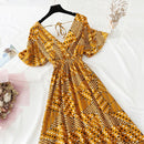 2021 verano mujer volantes de manga corta vestido de gasa cuello en V cintura alta estampado Floral playa Midi Vestidos sin espalda Sexy Vestidos