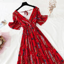 2021 verano mujer volantes de manga corta vestido de gasa cuello en V cintura alta estampado Floral playa Midi Vestidos sin espalda Sexy Vestidos