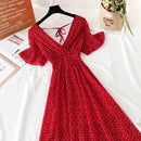 2021 verano mujer volantes de manga corta vestido de gasa cuello en V cintura alta estampado Floral playa Midi Vestidos sin espalda Sexy Vestidos