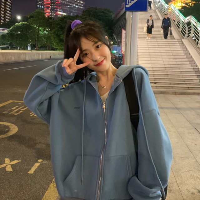 Reißverschluss Frauen koreanischen Stil Hoodies für Mädchen Top Vintage Solide Langarm übergroße Kapuzen-Sweatshirt-Jacke beiläufige große Mäntel