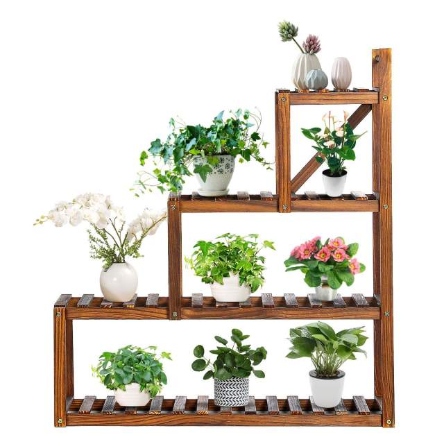 Estante de madera para plantas y flores de 3 niveles, 9 macetas, balcón, jardín, flores, plantas, estante de exhibición, soporte de esquina, estante de exhibición