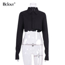 Bclout Casual Crop Top Frauen Blusen Mode Umlegekragen Weißes Hemd Aufflackernärmel Bluse Weibliche Herbst Sexy Damen Tops