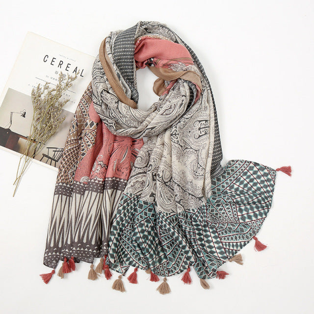 Bufanda chal de viscosa con borlas florales de anacardo azteca a la moda para mujer, bufanda de alta calidad para mujer, estola de Pashmina, Hijab musulmán de 180*90Cm