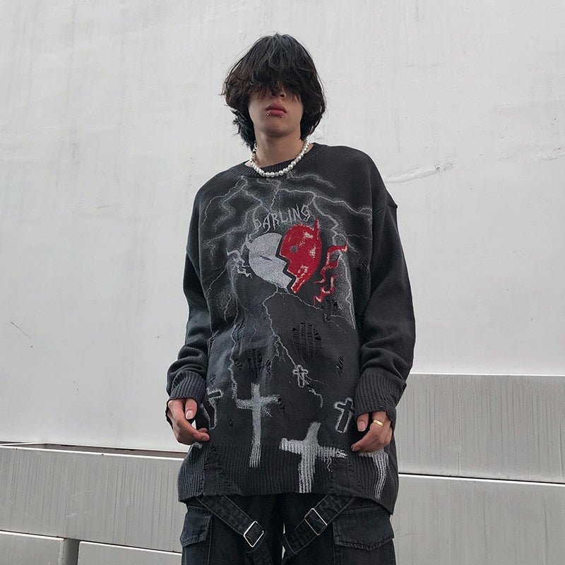 Japonés Corazón roto Agujeros impresos Suéter vintage rasgado Chicas altas Gótico Punk Retro Negro Oscuridad Pull Suéteres para parejas