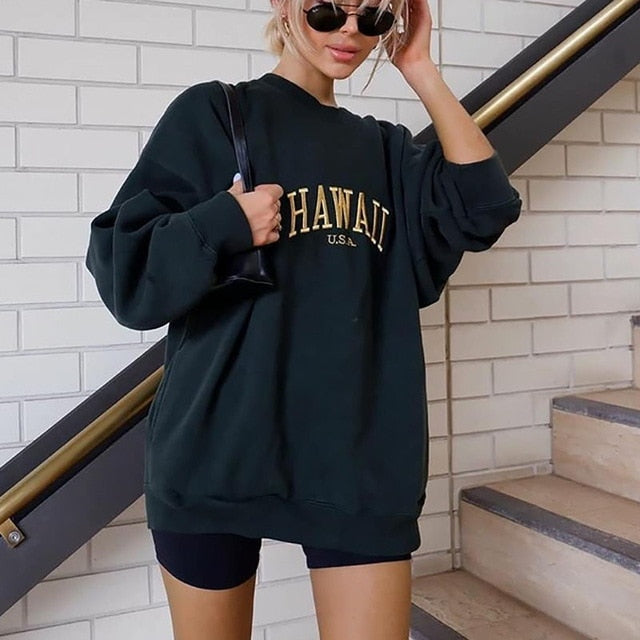 2021 Frauen Stickerei Brief Drucken Sweatershirts Rundhals Oversize Sweatershirt Casual Tops Herbst Frühling Lila Hoodies